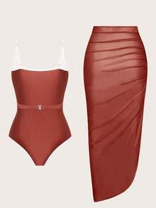 Swim Oasis 一件纯色泳衣+罩衫，女士春夏沙滩泳装，适合外出穿着 - 棕色 - 查看 7