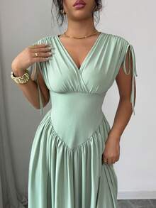 SHEIN Elenzya Women's V-Neck Oversized Inverted Triangle Waist Adjustable Drawstring Shoulder Maxi Dress, Elegant French Vintage Romantic Casual Beach Resort Style, Suitable For Valentine's Day, Afternoon Tea, Party, Spring/Summer