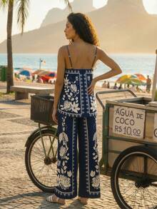 CAJUNI Op And Pants Set With Cacao Flower Print, Mediterranean Style Clothes - Multicolor - View 2