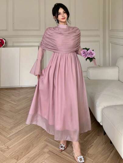 DAZY Spring & Summer Chiffon 2 In 1 Shawl Collar Dress, Pink, Elegant For Valentine's Day, Wedding, Party, Formal Occasion, Fashion, Fitted, Flared Sleeve, Mid-Length Wedding Guest Dress