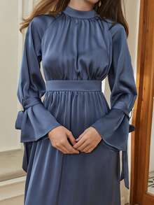 Dazy-Less Đầm nữ màu trơn cổ đứng tay raglan kiểu dáng thường ngày, thích hợp cho công sở và mùa hè. - Màu xanh lam - Xem 5