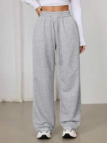 SHEIN PETITE Women's Drawstring Waist Casual Loose Straight Leg Sweatpants, Grey, Suitable For Spring/Summer - Multicolor - View 3