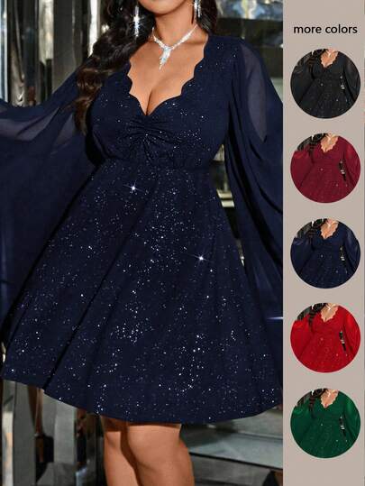 Cravure Plus Size Women's Shiny All-Over V-Neck Printed Mesh Flare Sleeve Luxury Dress