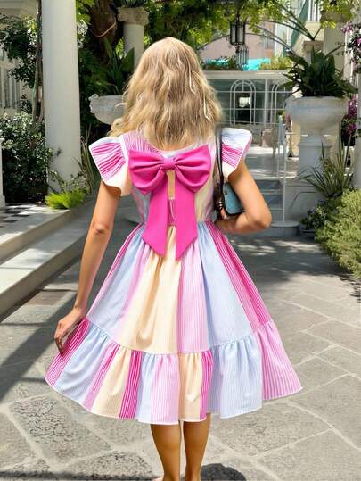 Sparklyn 1 pieza Vestido de línea A con volantes, lazo y estampado de rayas de colores para niñas preadolescentes, estilo dulce y apropiado para vacaciones, uso diario y reuniones con amigos en primavera/verano