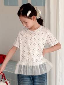 DAZY Tween Girls Round Neck Knit Polka Dot Print Contrast Mesh Short Sleeve T-Shirt, Fall Summer - White - View 8