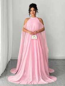 Elenzga Đầm dệt kim thanh lịch dành cho nữ cỡ lớn, lớp lưới màu hồng, cổ áo kép, trang trí ngọc trai, dài thêm. - Hồng - Xem 6