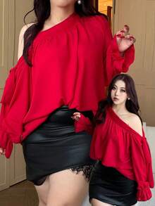 Vibekara Spring/Autumn New Stylish Red Shoulder-Revealing Long Sleeve Shirt, Elegant & Youthful