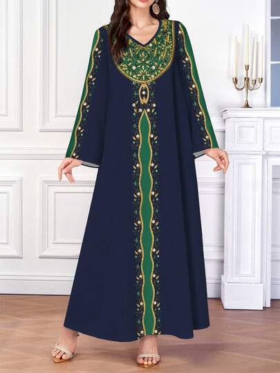 SHEIN Najma Damklänning med blommönster, färgblock, v-ringning och långärmad, elegant arabisk maxiklänning, vår/höst