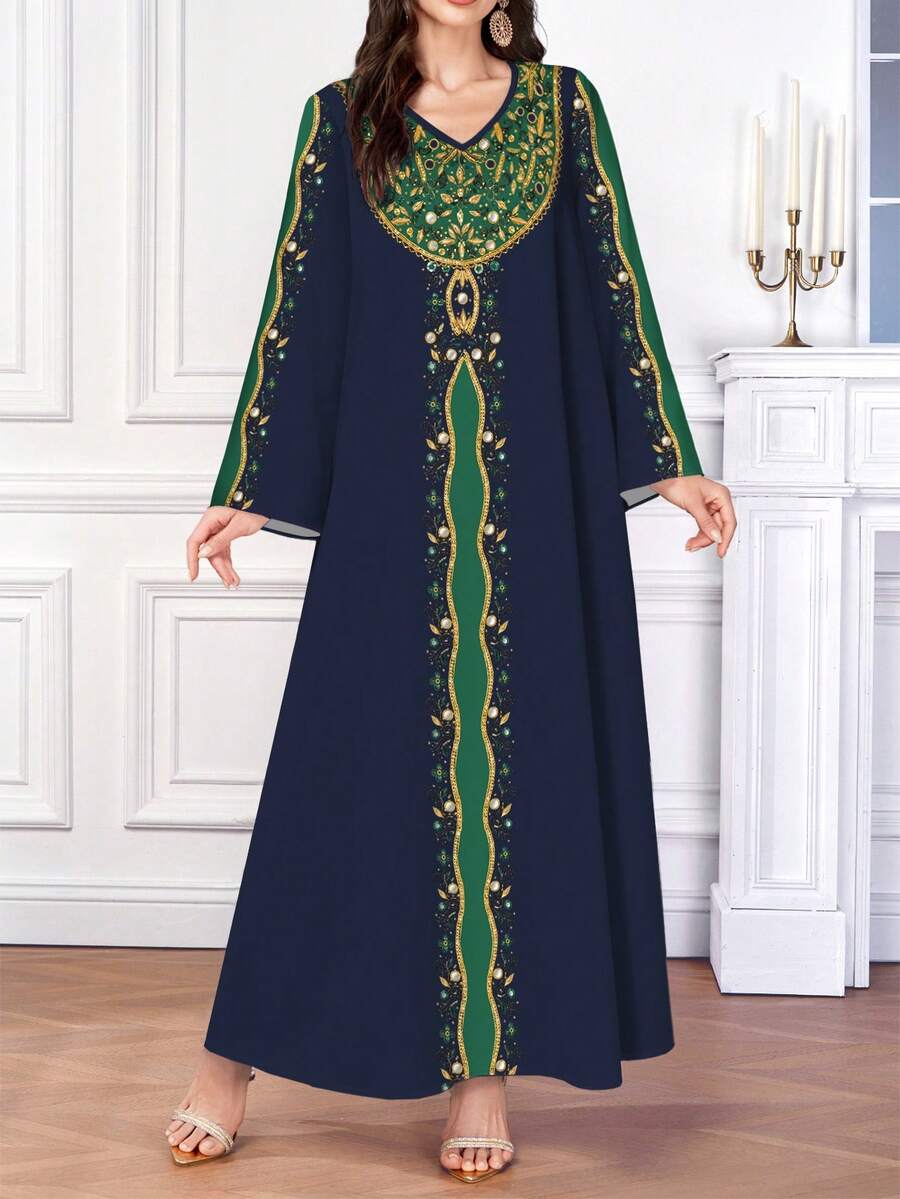 SHEIN Najma 女士印花撞色V领长袖优雅阿拉伯风长连衣裙，春秋季 - 彩色 - 查看 1