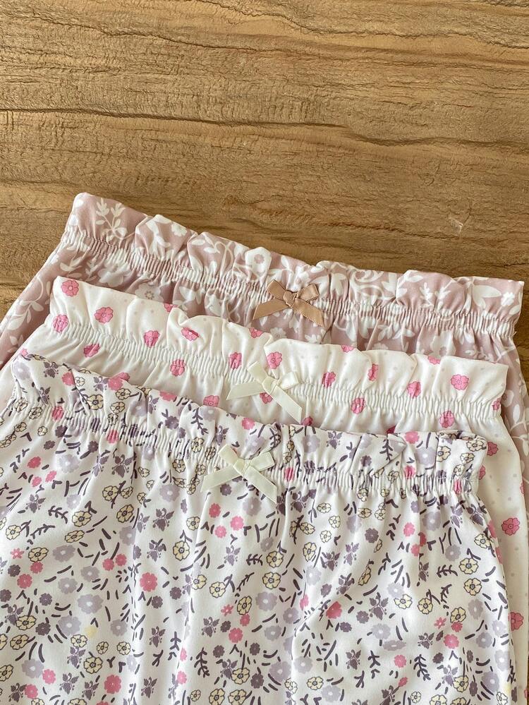 3pcs/Set Girls' Ditsy Floral Bow Decor Layering Underwear Set Toddler Girls Bloomer Shorts Cute Vintage Style Bloomers Girls Vintage Style Shorts - Multicolor - View 5