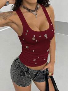 StreetHx Women's Punk Studded Fitted Cropped Sexy Camisole - Burgundy - View 6