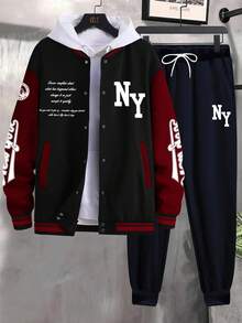 Manfinity Homme Bộ 2 áo khoác bóng chày in logo khối màu tương phản dành cho nam và quần dài, bộ đồ nỉ 2 món, quần áo mùa thu - Nhiều màu - Xem 3