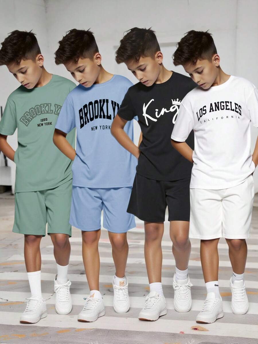 SHEIN 8件套/套 青少年男童休闲宽松字母印花圆领T恤短裤套装,适合通勤、上学、日常休闲穿着、运动、春夏穿着 - 彩色 - 查看 1