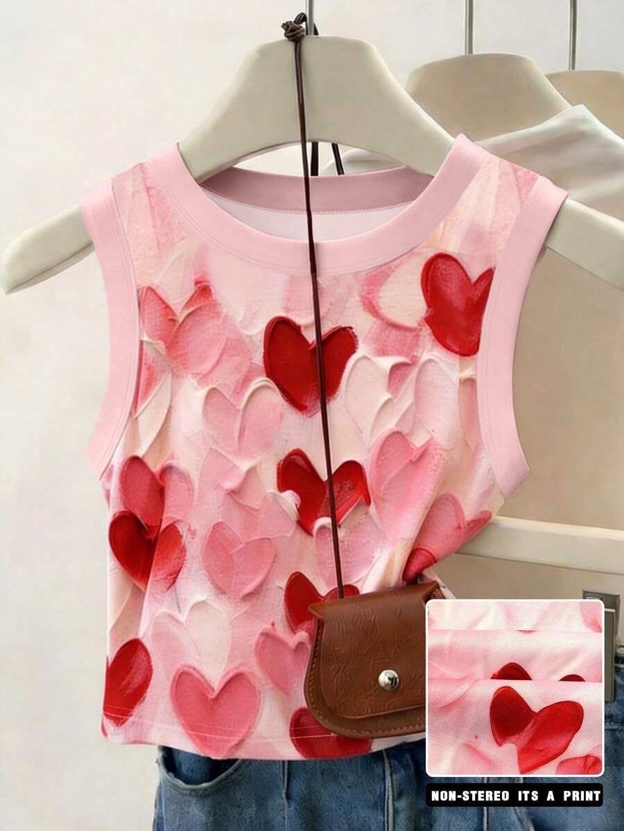 SHEIN Áo tank top nữ mùa hè mới, thiết kế họa tiết trái tim và lời chúc phúc đáng yêu, phù hợp cho hẹn hò, mặc hàng ngày, mua sắm, hoạt động ngoài trời, kiểu dáng đơn giản, thoải mái, thanh lịch, họa tiết in sống động. - Hồng - Xem 1