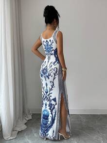 SHEIN Elenzya Exquisite Printed Chinoiserie Waist-Cinching Slit Hem Luxurious Retro Middle Eastern UAE Style Robe - Multicolor - View 2