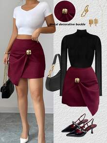 Elenzga 早春夏季休闲百褶高腰金属装饰不对称短裙，优雅百搭，适合日常、派对、情人节、婚礼等场合，时尚红色短裙 - 紅色 - 查看 1