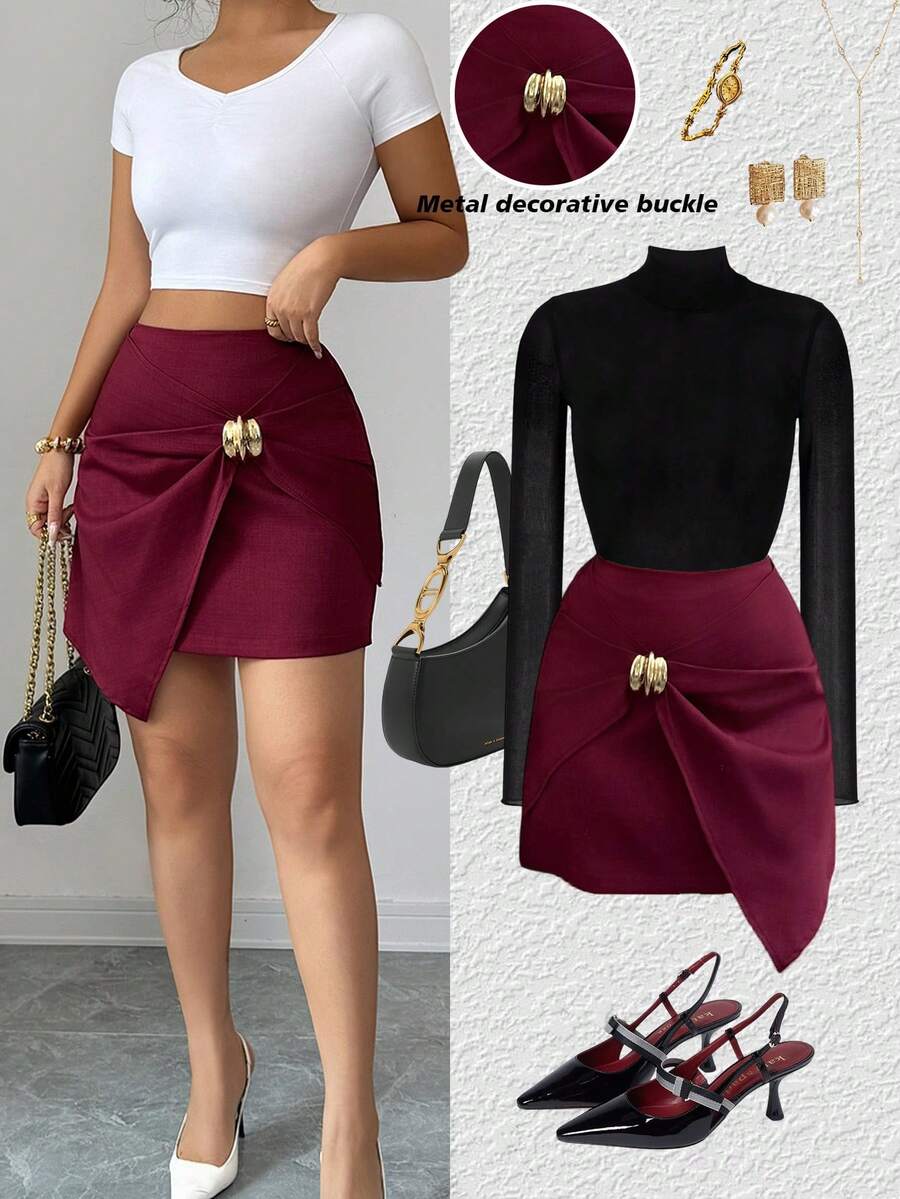 Elenzga 早春夏季休闲百褶高腰金属装饰不对称短裙，优雅百搭，适合日常、派对、情人节、婚礼等场合，时尚红色短裙 - 紅色 - 查看 1