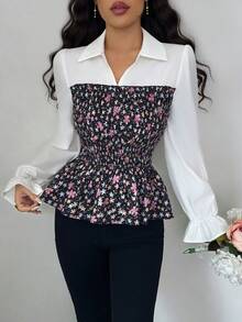 Elenzga Women's New Elegant Ditsy Floral Collared Button-Up Blouse, Suitable For Christmas, Thanksgiving, New Year Party, Casual Daily Wear, Work Office, Long Sleeve, Slim Fit, Chic