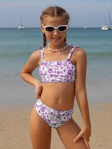 SHEIN Bộ bikini in hoa cho bé gái tuổi teen, chất liệu vải dệt kim với thiết kế nơ, thời trang và thanh lịch cho bơi lội, kỳ nghỉ, mùa hè, đi biển. Đồ bơi hai mảnh cho bé gái tuổi teen, đồ bơi in hoa hai mảnh cho bé gái tuổi teen. - Màu tím hoa cà - Xem 4