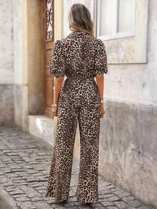 Brillora Leopard Textured Pattern Half Sleeve Batwing Suit For Women Casual Thigh Length Polyester - Black - View 3
