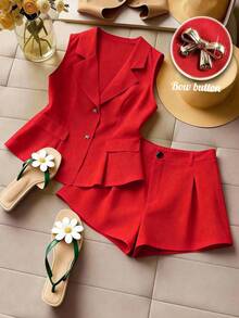 GlowEve CURVE Plus Size Women's Elegant Fabric Summer Vest Suit Shorts Two Pieces Set, Open Front, Bow Decor, Solid Button Design, Tailored Shorts, Suitable For Graduation, Holidays, Valentine's Day, Music Festivals, Mother's Day, Halloween, Thanksgiving, Easter, National Day, Galas, Dates, Parties, Weddings, Outdoor Activities Red Suits For Woman