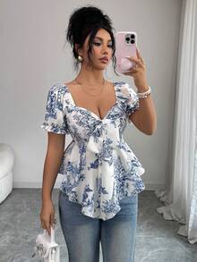 Elenzga Women's Blue Floral Print Textured Fabric Shirt With Bow Tie Collar, Ruffle Back Design, Asymmetric Hem, Elegant Casual Vacation Style, Suitable For Teachers, Students, Holidays, Travel, Photography, Spring/Summer - Multicolor - View 6