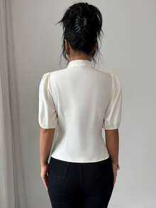 SHEIN Elenzya Women's Elegant French Style Short Sleeve Blouse, Suitable For Commute, Vacation, Afternoon Tea, Romantic, New Chinese Style With Stand Collar And Front Button Decoration, Spring/Summer - Apricot - View 2