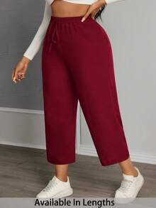 SHEIN PETITE CURVE Plus Size Women Solid Color Knotted High Waist Casual Pants - Rose Red - View 1