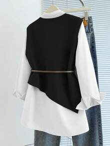 Franclia Stylish Black And White Collared Long Sleeve Shirt With Vest Design And Belt Detail - Black and White - View 2