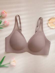 DesireSculpt 1件装女士无缝无钢圈V领文胸，支撑性柔软凝胶衬垫舒适纯色网眼镂空文胸 - 淺灰紫 - 查看 3