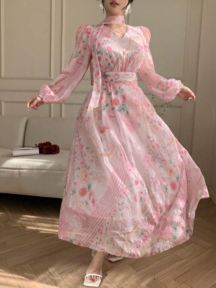 Spring & Summer Floral Print Pink Chiffon Dress, Elegant Casual Vacation Beach Wedding Dress With Waist Tie, Suitable For Commuting Wedding Guest Dress Sundress