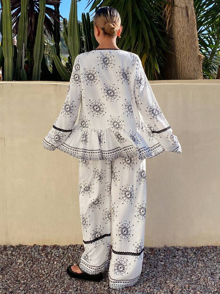 2pcs Women Sleepwear Set: Loose Lace Patchwork Ruffle Hem Long Sleeve Cardigan And Pants