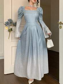 DAZY 春夏蓝色渐变扎染泡泡袖开衩优雅派对婚礼宴会正式连衣裙，时尚修身通勤婚礼宾客连衣裙 - 藍色 - 查看 6