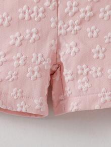 SHEIN 女婴时尚优雅不对称肩部3D立体花朵蝴蝶结连体衣，夏季 - 粉色 - 查看 4