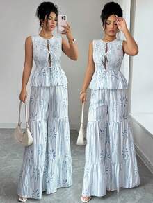 SHEIN Elenzya Tie-Front Bow Striped Print Camisole And Pants Set - Blue and White - View 6