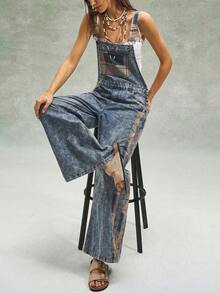 Bohemela Women's Plaid Patchwork Denim Loose Long Pants Overalls With Adjustable Buckles Plaid Spring Outfit Women - Medium Wash - View 6