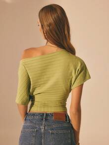 Aralina Women's Wide Neck Batwing Sleeve Ribbed Jersey Cinched Waist Top Cute Going Out Top For Women Everyday Casual Top Women's T-Shirt Festival Outfit Vacation Top Party Outfit - Green - View 2