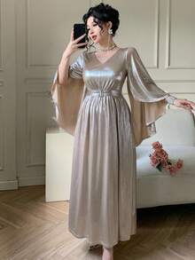 DAZY Women's Elegant Solid Color V-Neck Ruffle Sleeve Belted Long Dress, Spring/Summer Wedding Guest Dress Maxi Dress Sundress - Apricot - View 5