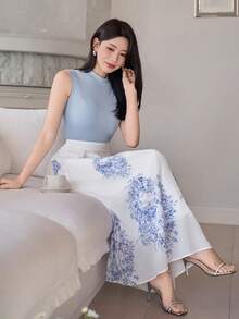 DAZY Damen elegantes ärmelloses Top mit Stehkragen in Unifarbe und A-Linien Rock mit Blume Muster, 2-teiliges Set, Sommer Frühling, Kleid für Hochzeitsgäste - Blau - Übersicht 9