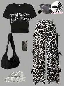 Sparklyn Tween Girls' Summer Back To School T-Shirt Set, White Solid Knit Fabric With Leopard Print & English Letter Graphic T-Shirt Top Paired With Black Bow Accent Woven Fabric Casual Pants, 2pcs Outfit Suitable For Summer, Casual, Fashion, Street Style, Back To School, Travel, Photo Shoot Cheetah Print Girls Set Animal Print Top Leopard Print Pants Ladies Casual Fashion Animal Print Outfit Leopard Print Set Baddie Outfit Cheetah Print Pants Leopard Outfit - Black - View 1