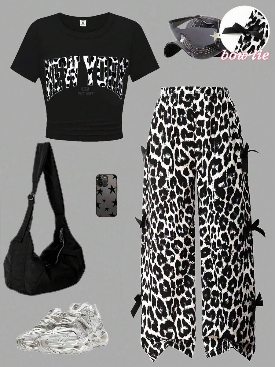 Sparklyn Tween Girls' Summer Back To School T-Shirt Set, White Solid Knit Fabric With Leopard Print & English Letter Graphic T-Shirt Top Paired With Black Bow Accent Woven Fabric Casual Pants, 2pcs Outfit Suitable For Summer, Casual, Fashion, Street Style, Back To School, Travel, Photo Shoot Cheetah Print Girls Set Animal Print Top Leopard Print Pants Ladies Casual Fashion Animal Print Outfit Leopard Print Set Baddie Outfit Cheetah Print Pants Leopard Outfit - Black - View 1