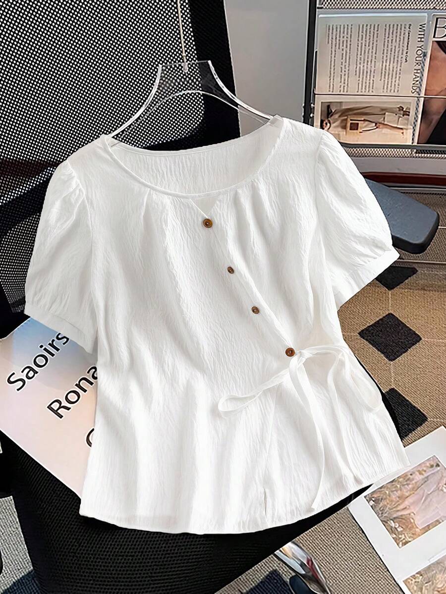 GlowEve Áo kiểu nữ cổ chữ V phối ren, tay phồng in hình trái tim, ngọt ngào và trẻ trung, hàng mới về mùa hè. - trắng - Xem 1