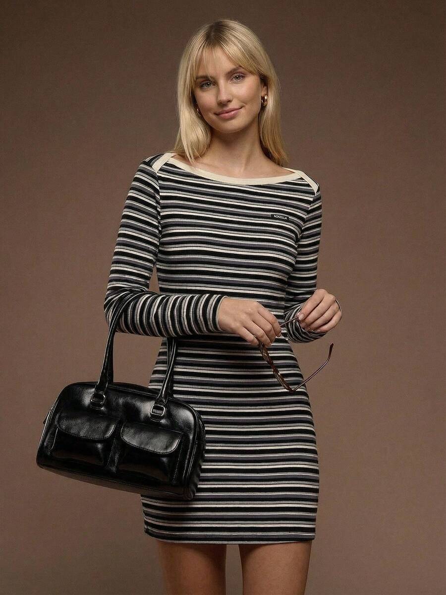 Muvela 女士条纹针织长袖收腰短款连衣裙，复古学院风，撞色领，休闲百搭，适合通勤、教师节、下午茶、日常穿着，秋季皆宜 - 彩色 - 查看 1