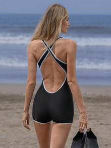 Swim SPRTY 1pc Women's Black Competitive Racing Swimsuit With Shorts - Black and White - View 1