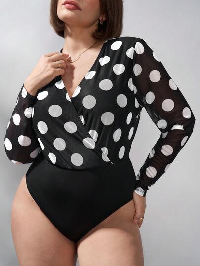 Chikora Plus Size Women's Bodysuit, Elegant Polka Dot Long Sleeve Bodysuit, Versatile Bodysuit Suitable For Spring, Autumn, All Seasons Office Attire For Women Work Outfits For Women Work Tops For Women Spring Outfits For Women Spring Outfit Women Spring Break Outfits Summer Outfits For Women Summer Clothes Summer Vacation Outfits Summer Outfits For Woman Summer Clothes Women Polka Dot Top
