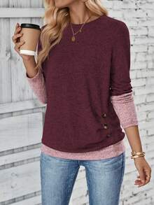 EMERY ROSE 女士休闲撞色拼接二合一T恤，秋季图案T恤女式上衣 - 彩色 - 查看 3