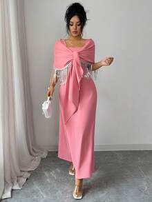 Elenzga Women's Elegant Pink Summer Wedding Ninang Sleeveless A-Line Solid Color Dress,High-End Waist Gathered Gown With Silver Sequin Tassel Decor Shawl - Dusty Pink - View 6