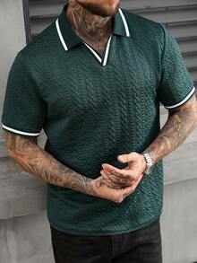 Manfinity CasualCool Men's Casual Daily/Office Commute Textured Fabric Contrast Binding Short Sleeve Polo Shirt, Summer - Dark Green - View 5