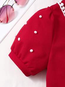 SHEIN Áo khoác cardigan tay phồng cổ bẻ màu trơn cho bé gái, kiểu dáng dễ thương mùa hè, kèm túi nhỏ. - Đỏ - Xem 4