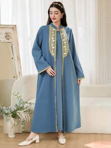 SHEIN Bộ 2 áo Abaya kiểu Ả Rập truyền thống dành cho thiếu nữ, tay dài, dáng xòe, thêu và viền vàng, độ dày vừa phải, thích hợp mặc hàng ngày vào mùa xuân và mùa thu. - Màu xanh bụi bặm - Xem 8